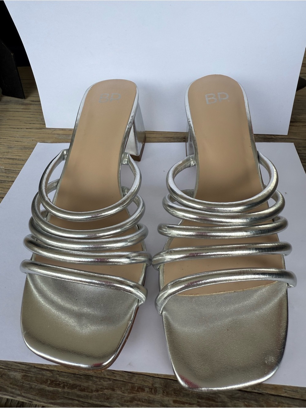 bp Silver Multi-Strap Block Heel Mules